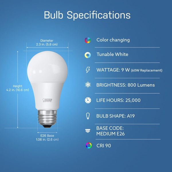 Feit Electric Smart Light Bulbs with RGB Color Changing and Tunable White, 2.4Ghz WiFi Light Bulbs, No Hub Needed, Works with Alexa and Google, Dimmable 60 Watt = LED 9W, OM60/RGBW/CA/AG/3, 3 Pack - Image 2